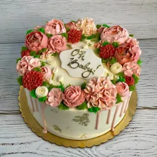 Blooming Floral Cake with Drip & Gold Accents