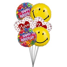 Smiley Anniversary balloons with love (6 Mylar Balloons)