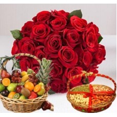 Bunch Of 12 Red Roses And Basket Of 4kgs Mix Fresh Fruits Also Along With 1 Kg Mix Dry Fruits (As Shown)