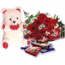 Bunch Of 25 Red Roses 6 Inches Teddy 6 Bars Of Cadbury (As Shown)