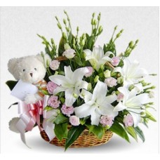 Basket Of 5 White Lilies With 10 Pink Carnations With White Teddy (As Shown)
