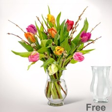 10 Parrot tulips with willow catkins with vase & 3 Ferrero Giotto