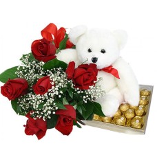 Red Roses With 24 Pieces Ferrero Rocher Chocolate And Bear