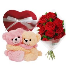 1 Dozen Red Roses With Twin Bear And Chocolate