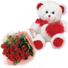 Teddy Bear With 1 Dz Red Roses And Red Heart