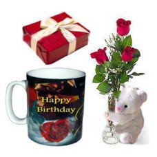 3 Pcs Red Roses In Vase With Bear, Chocolate And Birthday Mug