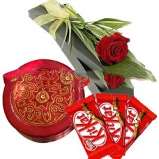 Red Ornament Box With Red Roses In A Box And Kitkat Chocolate