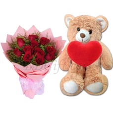 (26) Teddy Bear W/ 1 Dz Red Roses & Red Heart