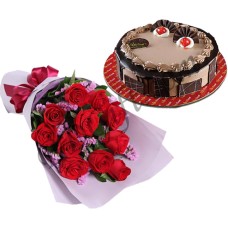 2.2 pound cake W/ 1 dozen red roses in bouquet