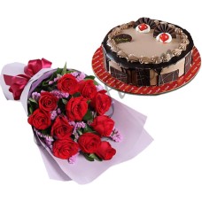 (29) cake W/ 1 dozen red roses in bouquet