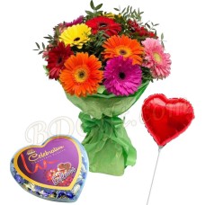 Mixed gerbera with balloon and chocolate