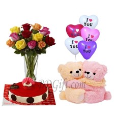 Cake W/ balloons, teddy and roses