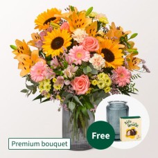 Premium Bouquet SÃ¼ÃŸe Sommerfreude with Premium Vase & Halloren Balls
