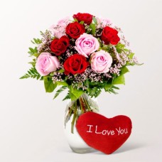Rose Bouquet Harmony with Plush Heart & vase