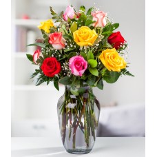 12 Assorted Roses In Vase