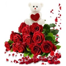 Bouquet of 12 red roses and teddy bear