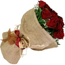 Red Roses With Burlap Wrap