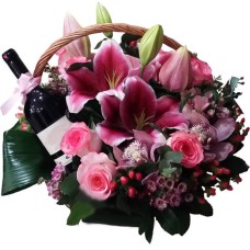 Basket With Fuchsia Flowers And Wine (medium)