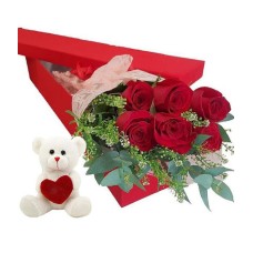Floral gift box with 6 red roses and a teddy bear