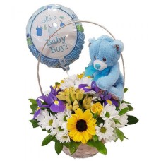 Basket With Flowers For Baby Boy,Teddy Bear And Balloon (medium)