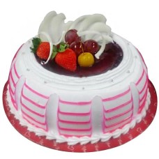 Strawberry Fruits Delight with Flower Hand Bouquet (0.5kg cake with 6 stalk (Carnations OR Roses))
