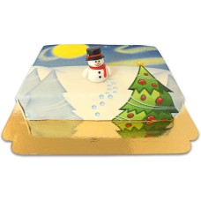 Snowy landscape cake with snowman figure