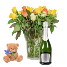 50 mix roses with teddy and white wine (Refined)