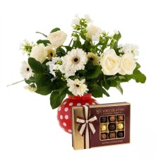 Vase arrangement of mix white flowers with box of chocolates (Refined)