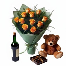 Orange bouquet with Red wine,box of chocolate and teddy (Refined)