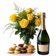 Bouquet of yellow roses with sparkling wine and pastries (Refined)