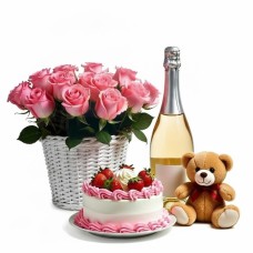 Basket of pink roses with sparkling wine strawberry cake and teddy (Refined)