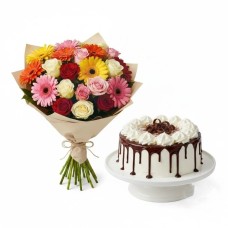 Bouquet of mix roses and gerberas with choco-cream cake (Refined)