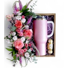 Pink Glitter Tumbler and Seasonal Fresh Bouquet Box