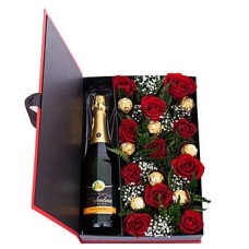 Romance In Advance- Mix Of Red Roses, Ferero Rochers, Non- Alcoholic Wine Bottle