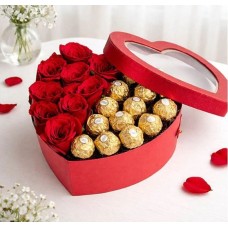 Red Heart Gift Box Arrangement With Red Roses Ferrero Rocher Chocolates