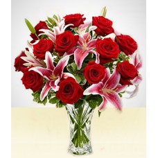 Lovable: Pink lilies and Red Roses