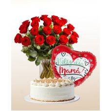 Happy Mother's Day Combo: Cake + 12 Roses Bouquet + Balloon