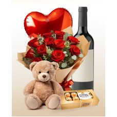 Total Love Combo: 12 Roses Bouquet + Teddy Bear + Balloon + Wine + Chocolates