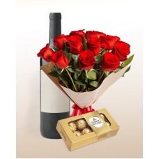 Elegance Combo: 12 Roses Bouquet + Chocolates + Wine