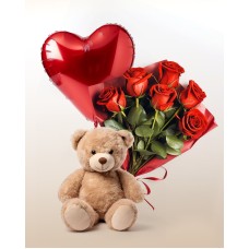 Tenderness Combo: 6 Roses Bouquet + Balloon + Teddy Bear