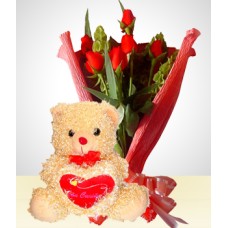 Romance Combo: 6 Roses Bouquet + Teddy Bear