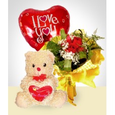 Tenderness Combo: 6 Roses Bouquet + Balloon + Teddy Bear