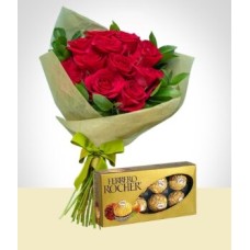 Tradition Combo: 12 Roses Bouquet + Ferrero Rocher Chocolates Box