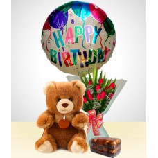 Birthday Combo A : 12 Roses Bouquet + Bear + Chocolates + Happy Birthday Balloon