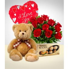 Fullness Combo: 12 Roses + Teddy Bear + Balloon + Chocolates