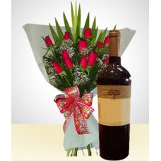 Distinction Combo: 12 Roses Bouquet + Wine.