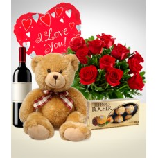 Total Love Combo: 12 Roses Bouquet + Teddy Bear + Balloon + Wine + Chocolates