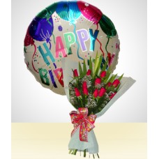 Birthday Combo B: 12 Roses Bouquet + Happy Birthday Balloon