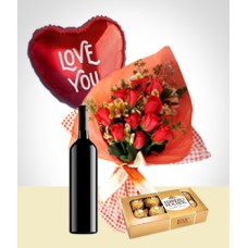 Inspiration Combo: 12 Roses Bouquet + Balloon + Wine + Chocolates