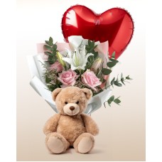 Delicate Roses Bouquet + Teddy bear + Balloon Combo